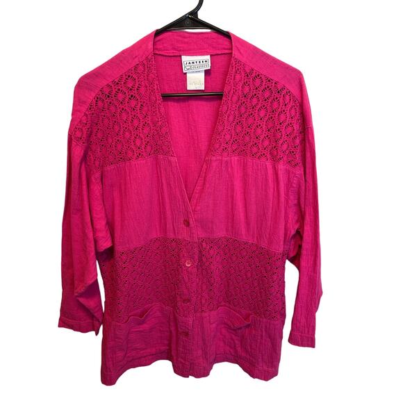 Jantzen Classics 90s Vintage Pink Open Cotton Eyelet Cardigan Size Large - Picture 1 of 12